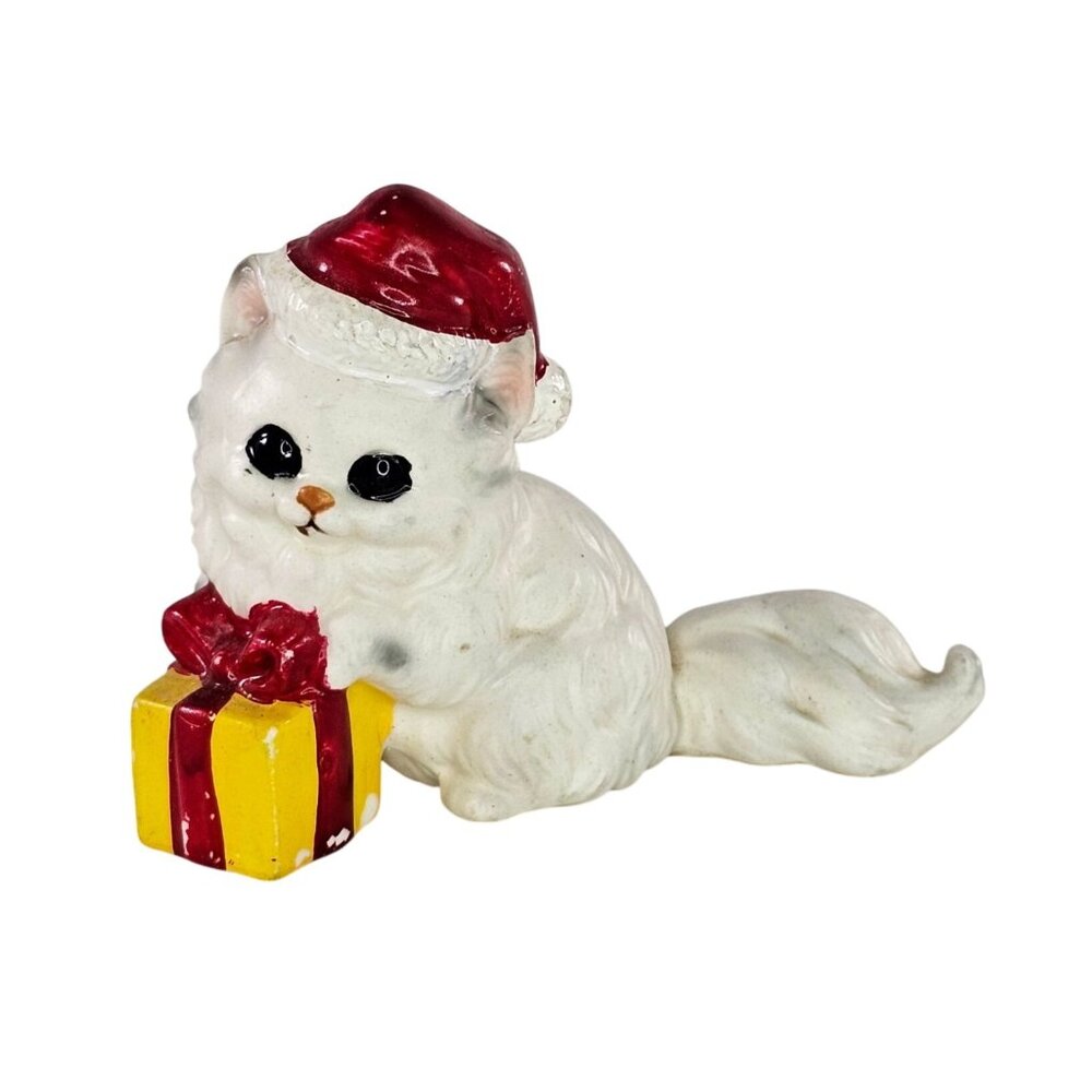 Josef Originals Christmas Cat Wearing Santa Hat Present Figurine White Persian
